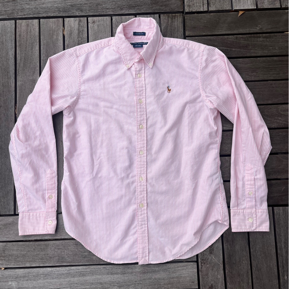 Ralph Lauren Classic Pink and White Striped Button Down Shirt